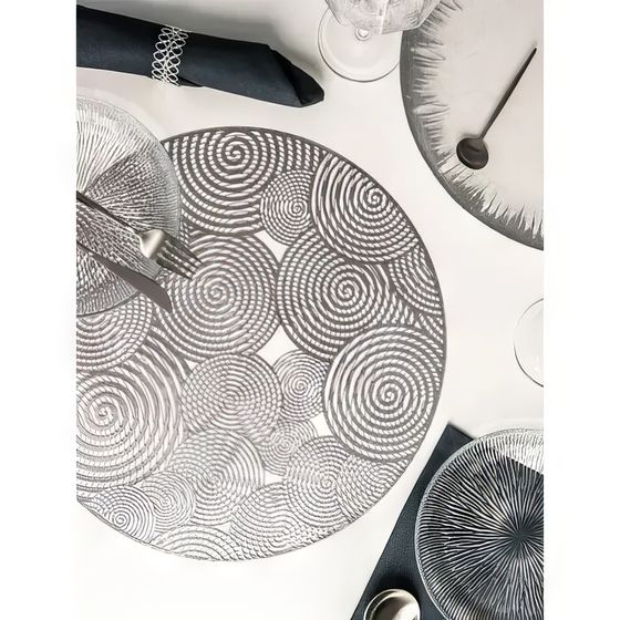 !09 Набор из 5-ти предметов - Салфетка сервировочная на стол «Гипноз», d=38 см, цвет серебро