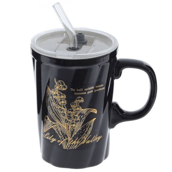 Кружка с крышкой и трубочкой, 380 мл, L12 W8,5 H16 см, 4в.