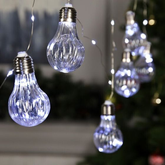 !09 Гирлянда «Нить» 3 м роса с насадками «Лампочки объёмные», IP20, серебристая нить, 100 LED, свечение белое, 3.5 В