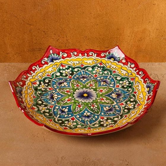 Ляган Риштанская Керамика &quot;Цветы&quot;, 32 см, красный микс, рифлённый
