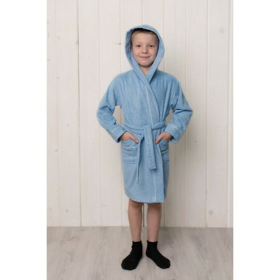 Халат для мальчика с капюшоном, рост 152 см, голубой, махра