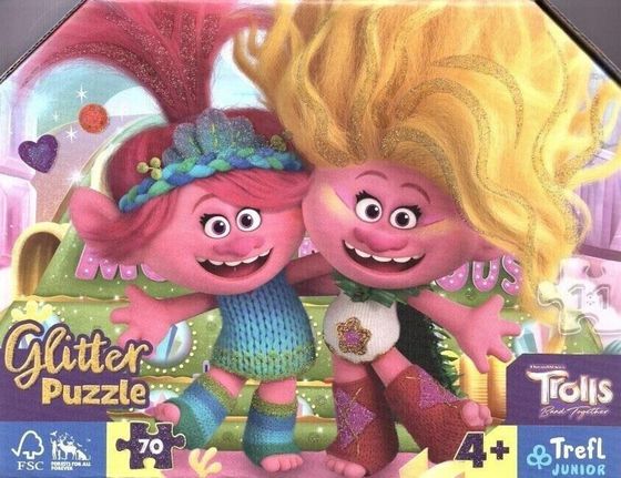 Trefl Puzzle 70el glitter w kuferku Brokatowe Trolle. Trolls 3 53021 Trefl