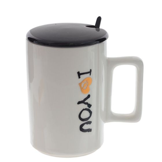 Кружка с крышкой и ложкой, 400 мл, L11 W7,5 H12 см, дизайн микс