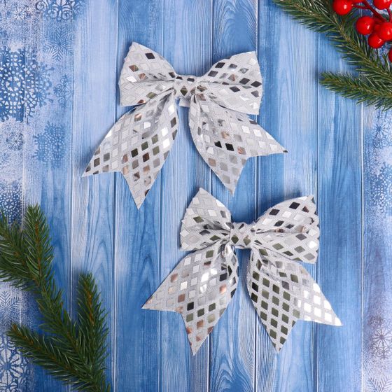 !09 Ёлочные игрушки (набор 2 штуки) «Зимнее волшебство. Бант люкс» пластик, 12×11 см, серебро