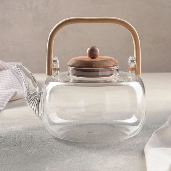 Чайник стеклянный заварочный с бамбуковой крышкой и металлическим фильтром «Эко. Бабл», 1,2 л, 20×15×19 см