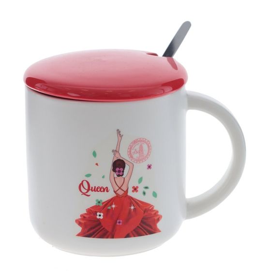 Кружка с крышкой и ложкой, 380 мл, L12 W9 H9,5 см, дизайн микс