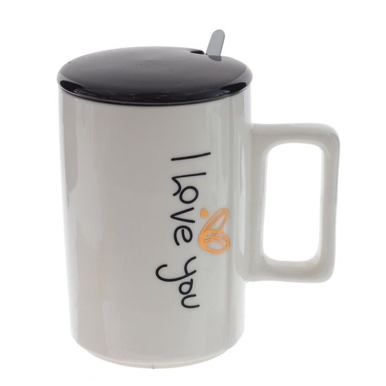 Кружка с крышкой и ложкой, 400 мл, L11 W7,5 H12 см, дизайн микс