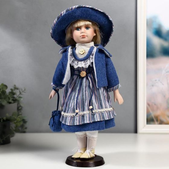 Кукла коллекционная керамика &quot;Стася в синем полосатом платье и синей куртке&quot; 40 см