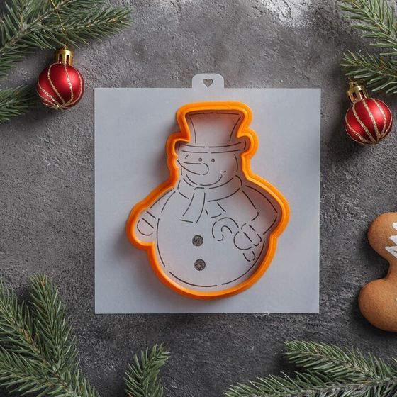 !09 Форма для вырезания печенья и трафарет «Снеговик в шляпе», цвет оранжевый