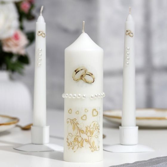 Набор свадебных свечей с бусинами &quot;Обручальные кольца&quot;, белый, ручная работа, микс