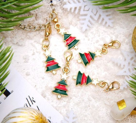 !09 Шарм новогодний (2 штуки) «Ёлочка», цвет зелёно-красный в золоте