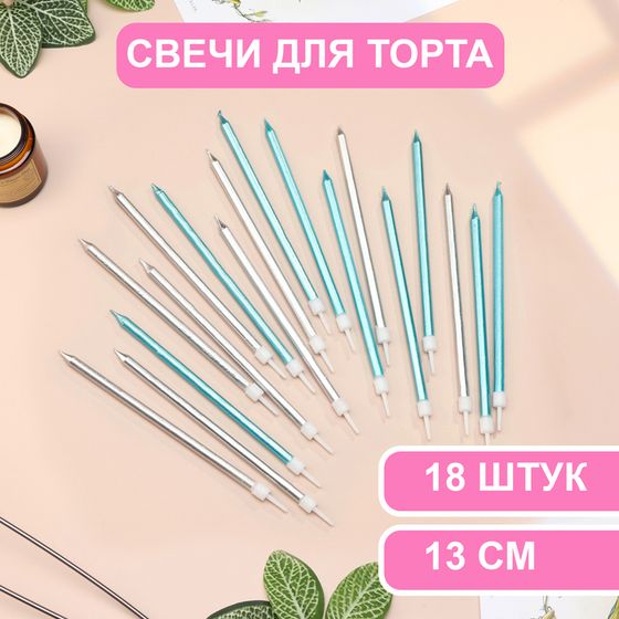Свечи в торт «Ройс», 13 см, высокие, 18 шт., серебряные и голубые