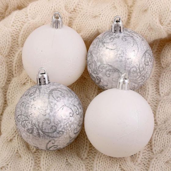 !09 Набор елочных игрушек - Набор шаров пластик d-6 см, 9 шт &quot;Морозные узоры&quot; белый, серебро