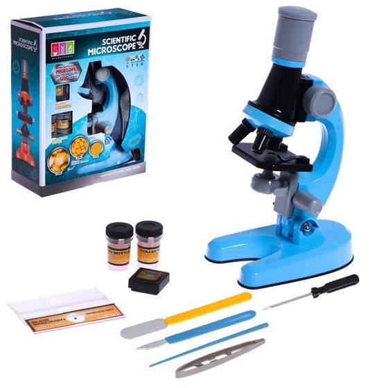 Микроскоп детский &quot;Юный ботаник&quot; кратность х100, х400, х1200, голубой, подсветка
