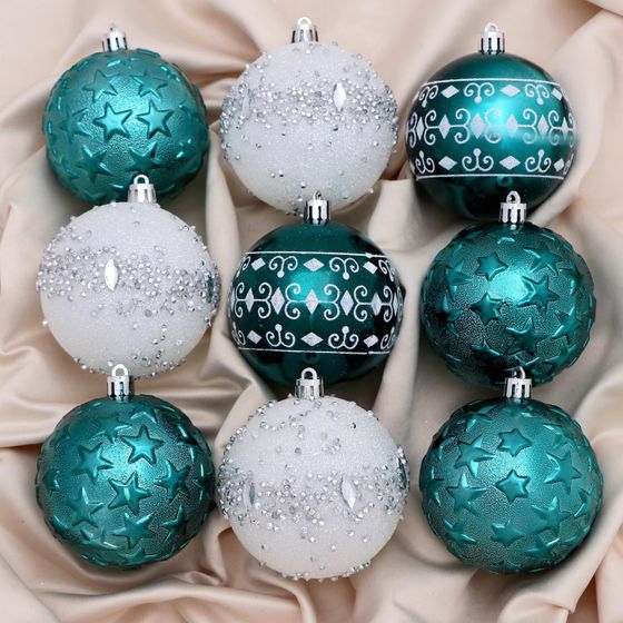 !09 Набор украшений пластик (набор 9 штук) «Джейн - узоры звёзды», d=8 см, цвет зелёно-белый