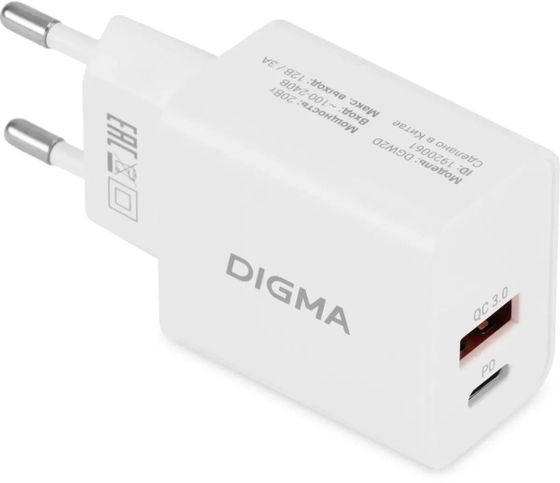 Сетевое З/У Digma DGW2D 20W 3A+1A (PD+QC) белый (DGW2D0F110WH)