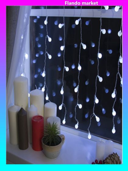 !09 Гирлянда «Занавес» 2 × 1.5 м с насадками «Шарики», IP20, прозрачная нить, 360 LED, свечение белое, 8 режимов, 220 В