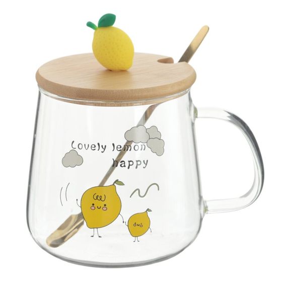 Кружка с крышкой и ложкой, 500 мл, L13 W9 H12,5 см, дизайн микс