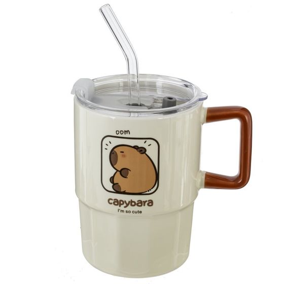 Кружка с крышкой и трубочкой, L8,8 W8,8 H12,2 см, дизайн микс