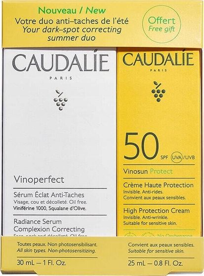 Caudalie Set Caudalie: Vinosun, Sun Protection, Sunscreen Cream, SPF 50, 25 ml + Vinoperfect, Vegan, Anti Spot, Day &amp; Night, Serum, For Face, 30 ml Unisex