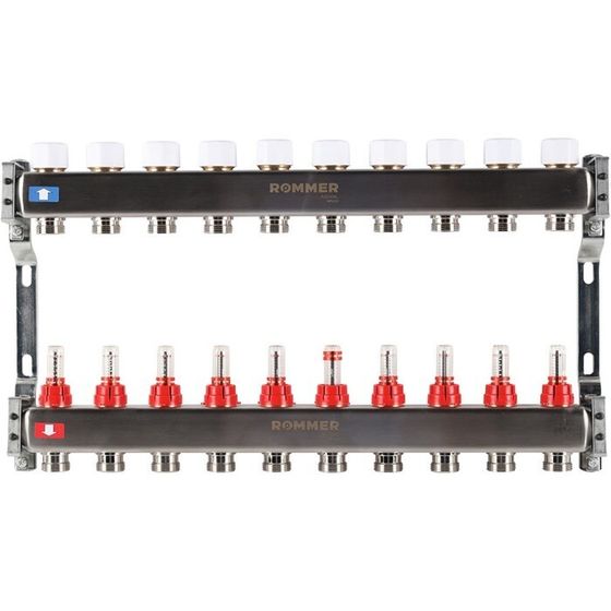 Коллектор ROMMER RMS-1200-000010, 1&quot;х3/4&quot;, 10 выходов, с расходомерами, нержавеющая сталь