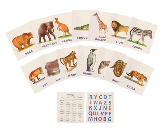 !09 Карточки (набор 2 комплекта) умный малыш English "Зоопарк", размер карточки 8х9 см, Комплект - 16 карточек