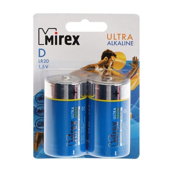 Батарейка алкалиновая Mirex, D, LR20-2BL, 1.5В, блистер, 2 шт.