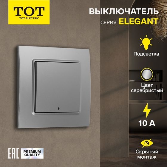 Выключатель TOT Elegant, 10 А, 1 кл., с подсветкой, скрытый, серебристый