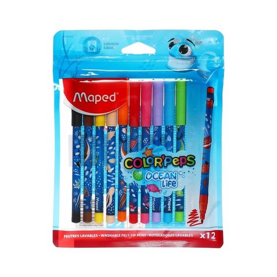 Фломастеры 12 цветов Maped COLOR&#39;PEPS OCEAN LIFE, суперсмываемые, декорированные, европодвес