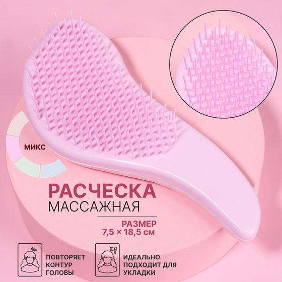 Расчёска массажная, 7,5 × 18,5 см, PVC коробка, цвет МИКС