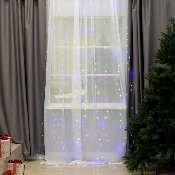 !09 Гирлянда «Занавес» 2.8 × 3 м роса на крючках, с пультом, IP20, серебристая нить, 300 LED, свечение мульти, 8 режимов, USB