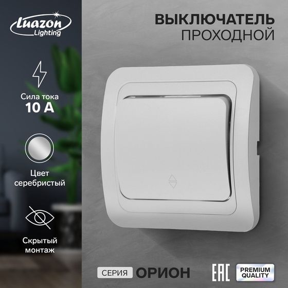 Выключатель проходной Luazon Lighting &quot;Орион&quot;, 10 А, 1 клавиша, скрытый, серебристый