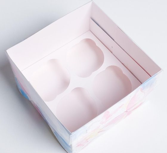 !09 Коробка (набор 4 штуки) для капкейков, кондитерская упаковка, 4 ячейки «Чудесного дня», 16 х 16 х 10 см