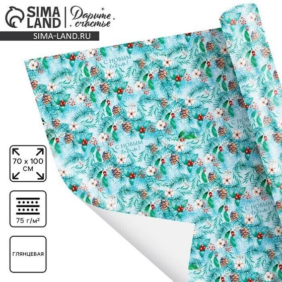 !09 Упаковочная бумага 4 листа на новый год «Зимняя», 70 х 100 см, глянцевая