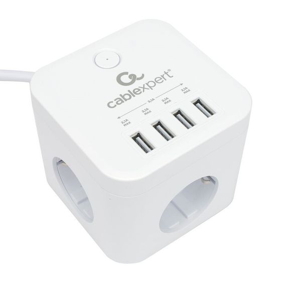 Сетевой фильтр Cablexpert Cube CUBE-3-U4-W-1.5, 3р, 10А, 4хUSB, 1.5м, ур.защиты 4+, белый