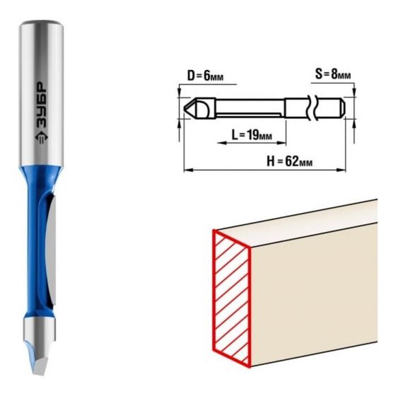 Фреза кромочная ЗУБР 28726-6, прямая, со сверлом, хвостовик d = 8 мм, 6 x 19 мм