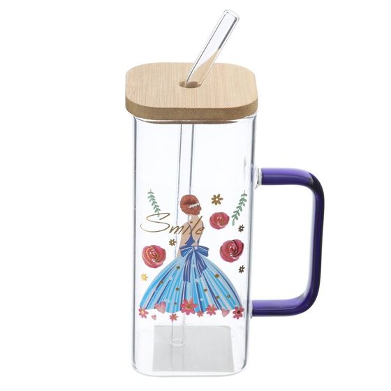 Кружка с крышкой и трубочкой, L5,8 W5,8 H13,5 см, 1 штука, дизайн микс