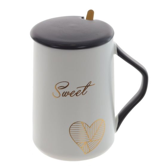 Кружка с крышкой и ложкой, 450 мл, L11 W8,5 H12,5 см, дизайн микс