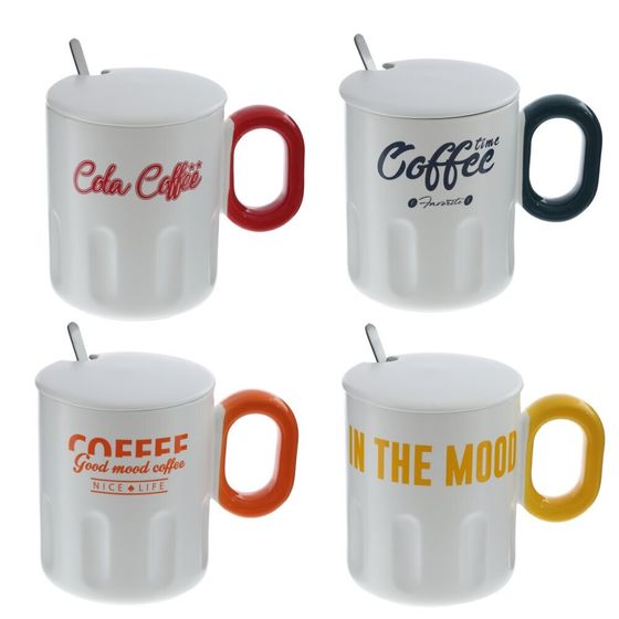 Кружка с крышкой и ложкой, L8,9 W8,9 H10,5 см, дизайн микс