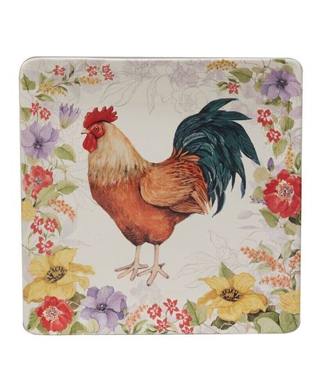 Floral Rooster Square Platter 12.5&quot;