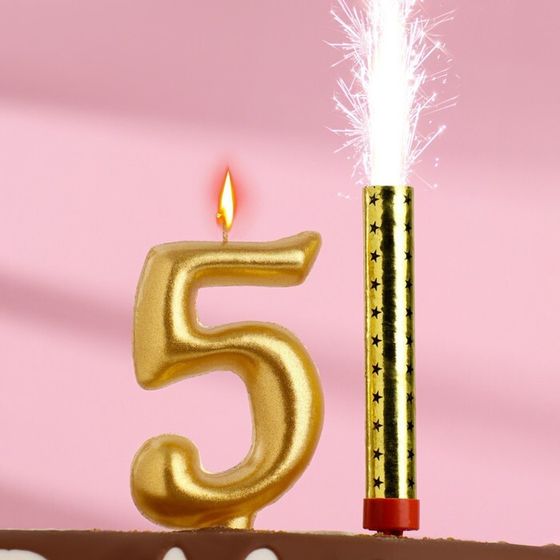 Набор Свеча для торта цифра 5 Гигант, золотая, с фонтаном, 9,5 см