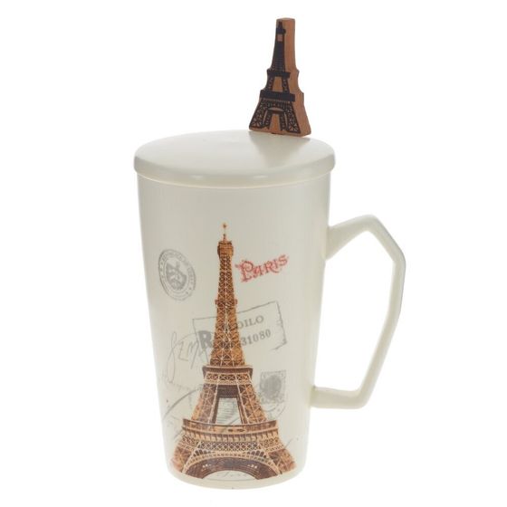 Кружка с крышкой и ложкой, 300 мл, L10 W8 H13 см, дизайн микс