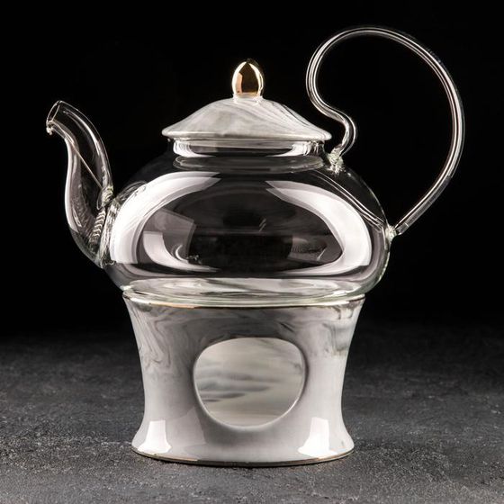 Чайник стеклянный заварочный с керамической крышкой и подставкой для подогрева «Элегия», 600 мл, мрамор серый
