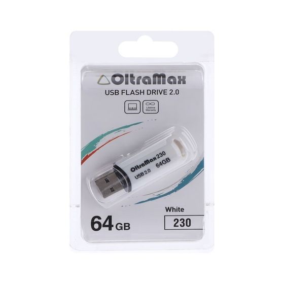 Флешка OltraMax 230, 64 Гб, USB2.0, чт до 15 Мб/с, зап до 8 Мб/с, белая