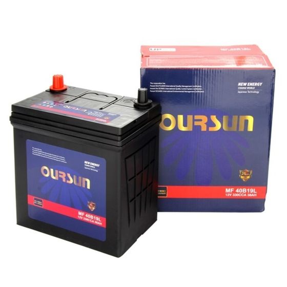 Аккумулятор OURSUN JIS MF 40B19L, 38 Ah, 330 A, 196x128x222, обратная полярность