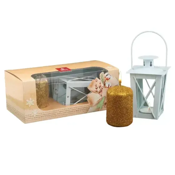 !09 Новогодний набор из 3-х предметов: Cвеча-столбик, фонарик «Исполнения желаний», чайная свеча