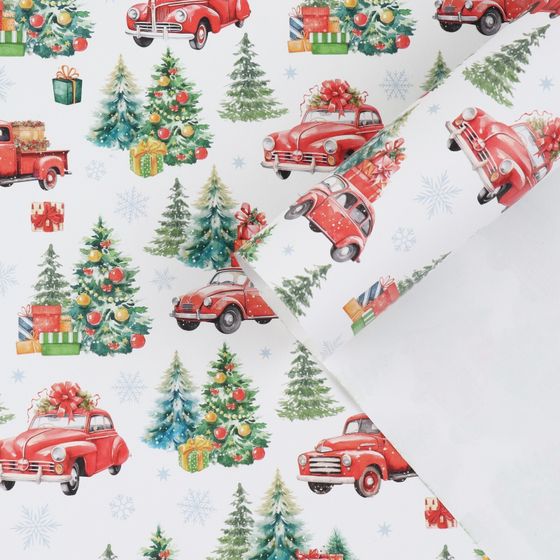 !09 Упаковочная бумага 4 листа на новый год «Машинка с подарками», 50 х 70 см, глянцевая