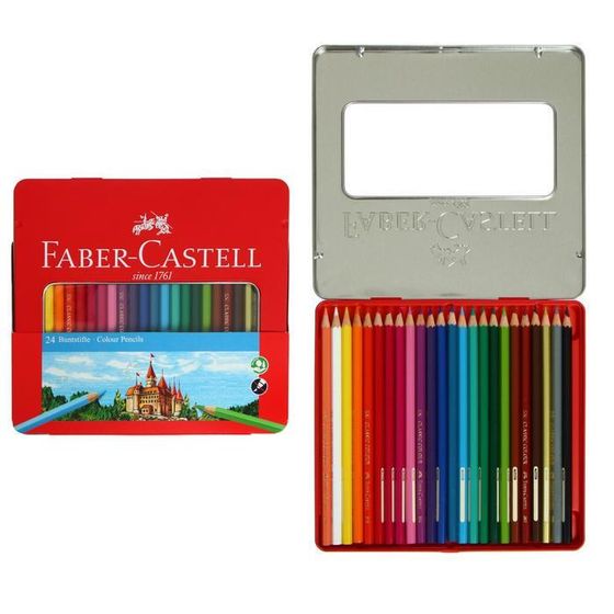 Карандаши 24 цвета Faber-Castell &quot;Замок&quot;, шестигранный корпус, заточенные, в металлической коробке