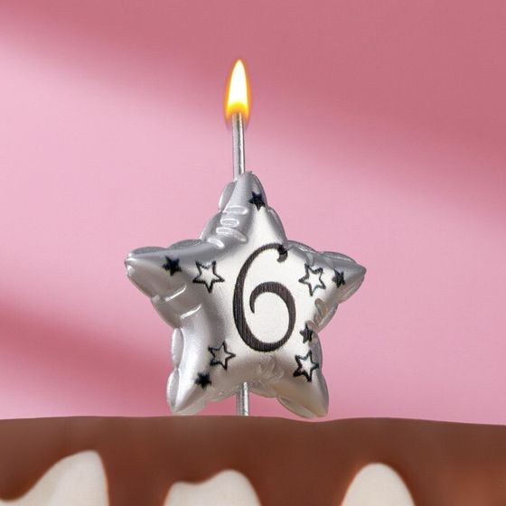 Свеча в торт на шпажке &quot;Воздушная звездочка&quot;, цифра 6, 3,5 см, серебро