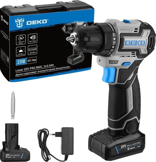 Дрель-шуруповерт аккумуляторная Deko Loner 20V Pro 20В 2АКБ 3Ач и ЗУ (кейс) (085-1010)